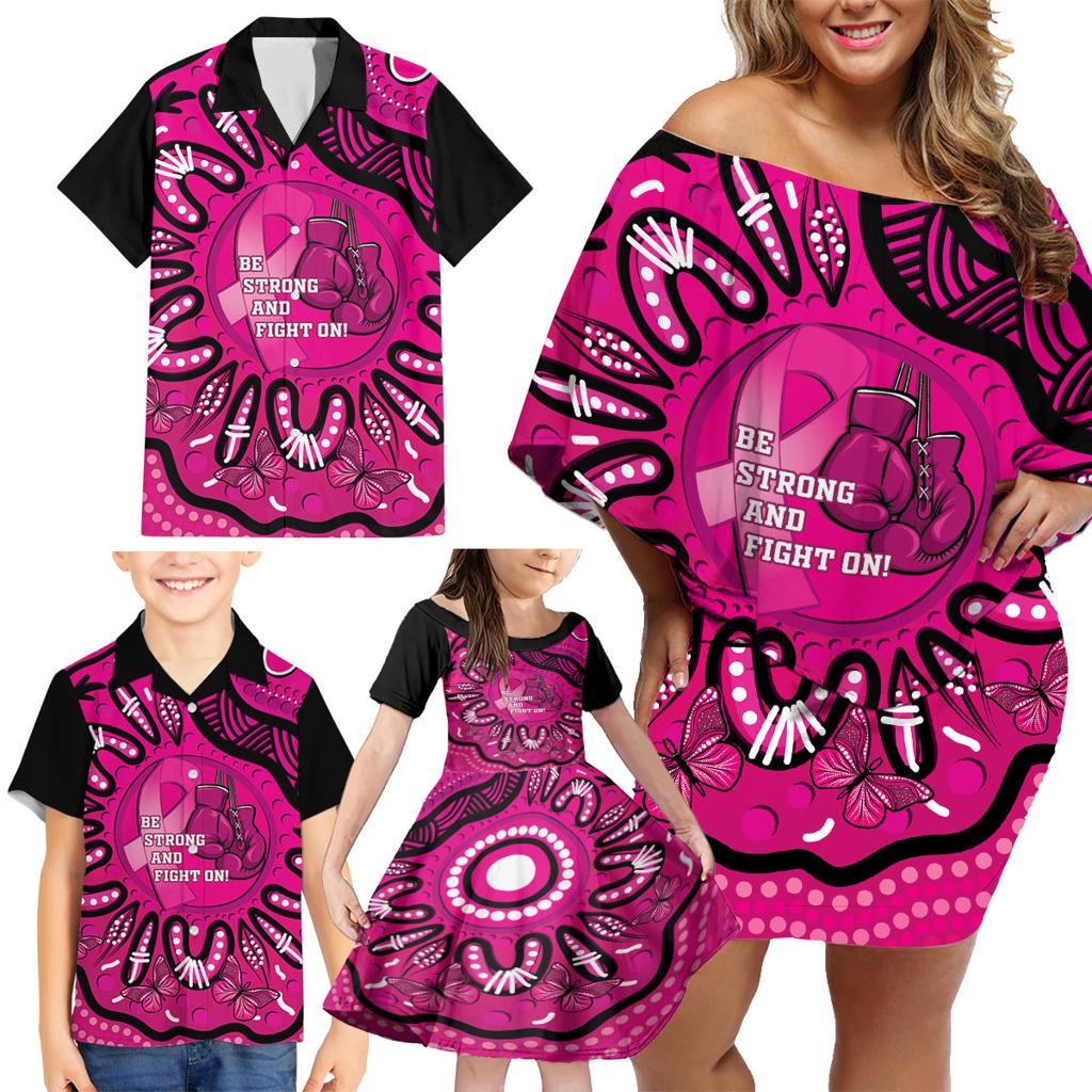 Personalised Australia Breast Cancer Family Matching Off Shoulder Short Dress and Hawaiian Shirt Pink Boxing Ribbon Be Strong And Fight On