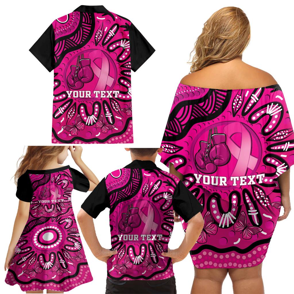 Personalised Australia Breast Cancer Family Matching Off Shoulder Short Dress and Hawaiian Shirt Pink Boxing Ribbon Be Strong And Fight On