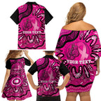 Personalised Australia Breast Cancer Family Matching Off Shoulder Short Dress and Hawaiian Shirt Pink Boxing Ribbon Be Strong And Fight On