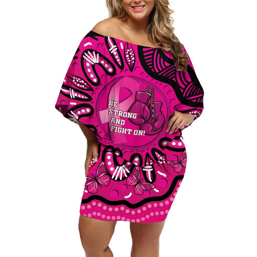 Personalised Australia Breast Cancer Family Matching Off Shoulder Short Dress and Hawaiian Shirt Pink Boxing Ribbon Be Strong And Fight On
