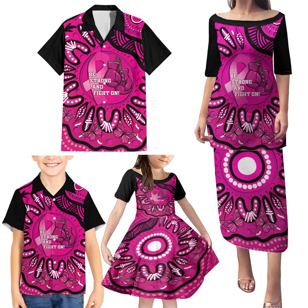 Personalised Australia Breast Cancer Family Matching Puletasi and Hawaiian Shirt Pink Boxing Ribbon Be Strong And Fight On