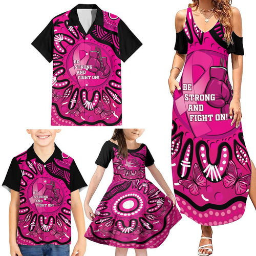 Personalised Australia Breast Cancer Family Matching Summer Maxi Dress and Hawaiian Shirt Pink Boxing Ribbon Be Strong And Fight On