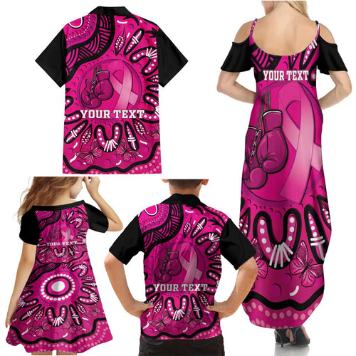 Personalised Australia Breast Cancer Family Matching Summer Maxi Dress and Hawaiian Shirt Pink Boxing Ribbon Be Strong And Fight On