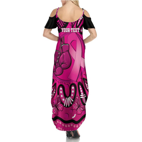 Personalised Australia Breast Cancer Family Matching Summer Maxi Dress and Hawaiian Shirt Pink Boxing Ribbon Be Strong And Fight On