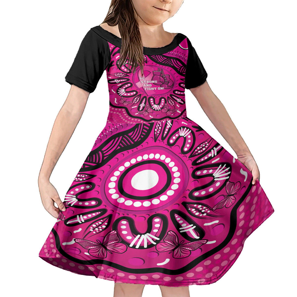 Personalised Australia Breast Cancer Kid Short Sleeve Dress Pink Boxing Ribbon Be Strong And Fight On