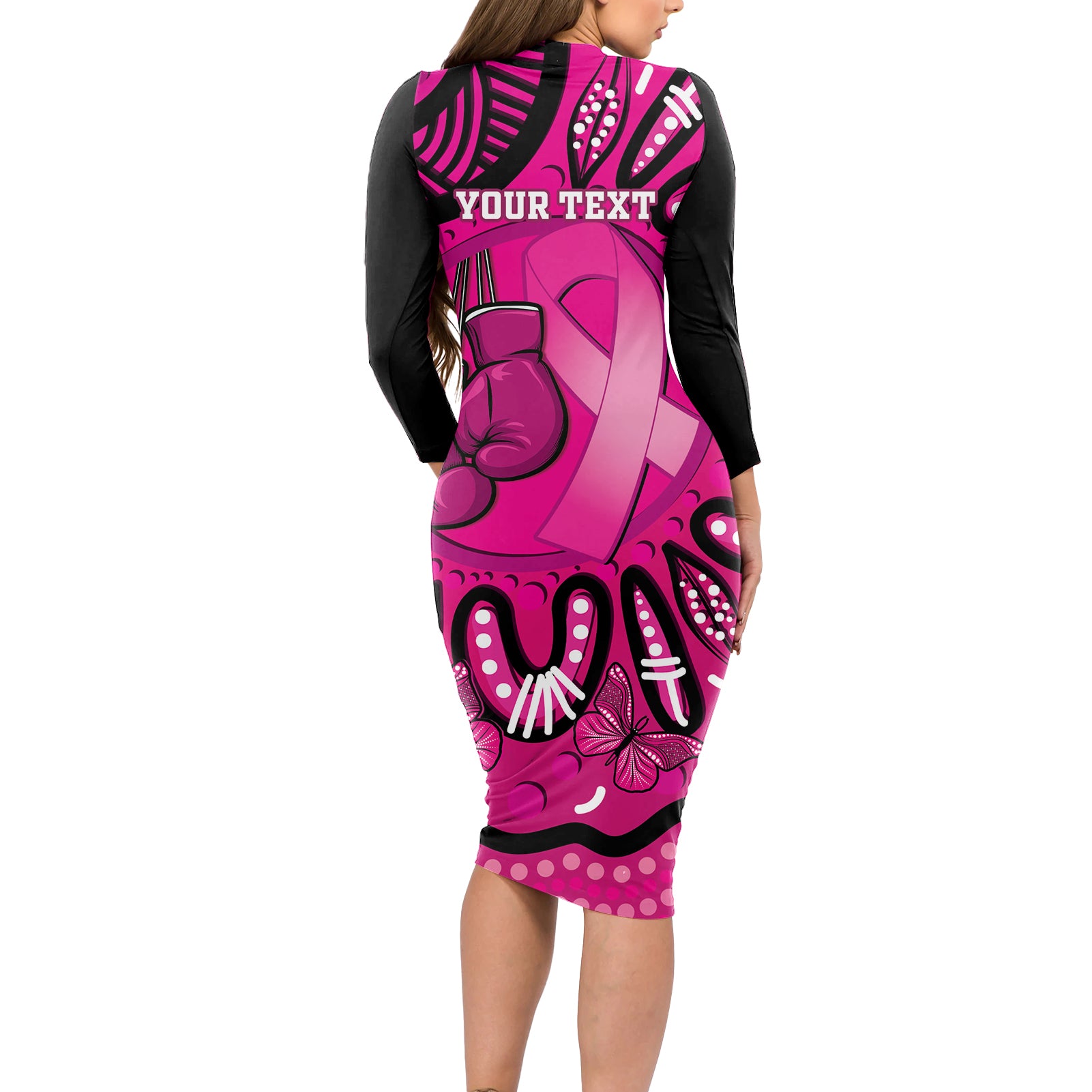 Personalised Australia Breast Cancer Long Sleeve Bodycon Dress Pink Boxing Ribbon Be Strong And Fight On