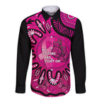 Personalised Australia Breast Cancer Long Sleeve Button Shirt Pink Boxing Ribbon Be Strong And Fight On