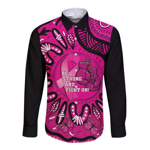 Personalised Australia Breast Cancer Long Sleeve Button Shirt Pink Boxing Ribbon Be Strong And Fight On