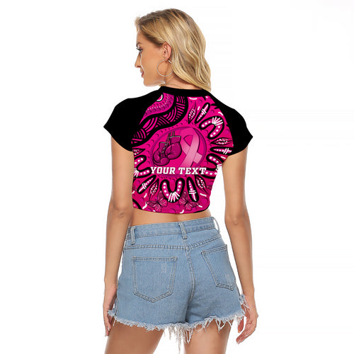 Personalised Australia Breast Cancer Raglan Cropped T Shirt Pink Boxing Ribbon Be Strong And Fight On