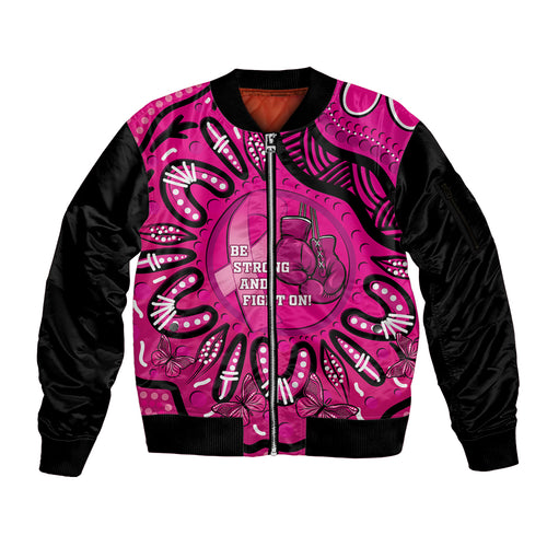 Personalised Australia Breast Cancer Sleeve Zip Bomber Jacket Pink Boxing Ribbon Be Strong And Fight On
