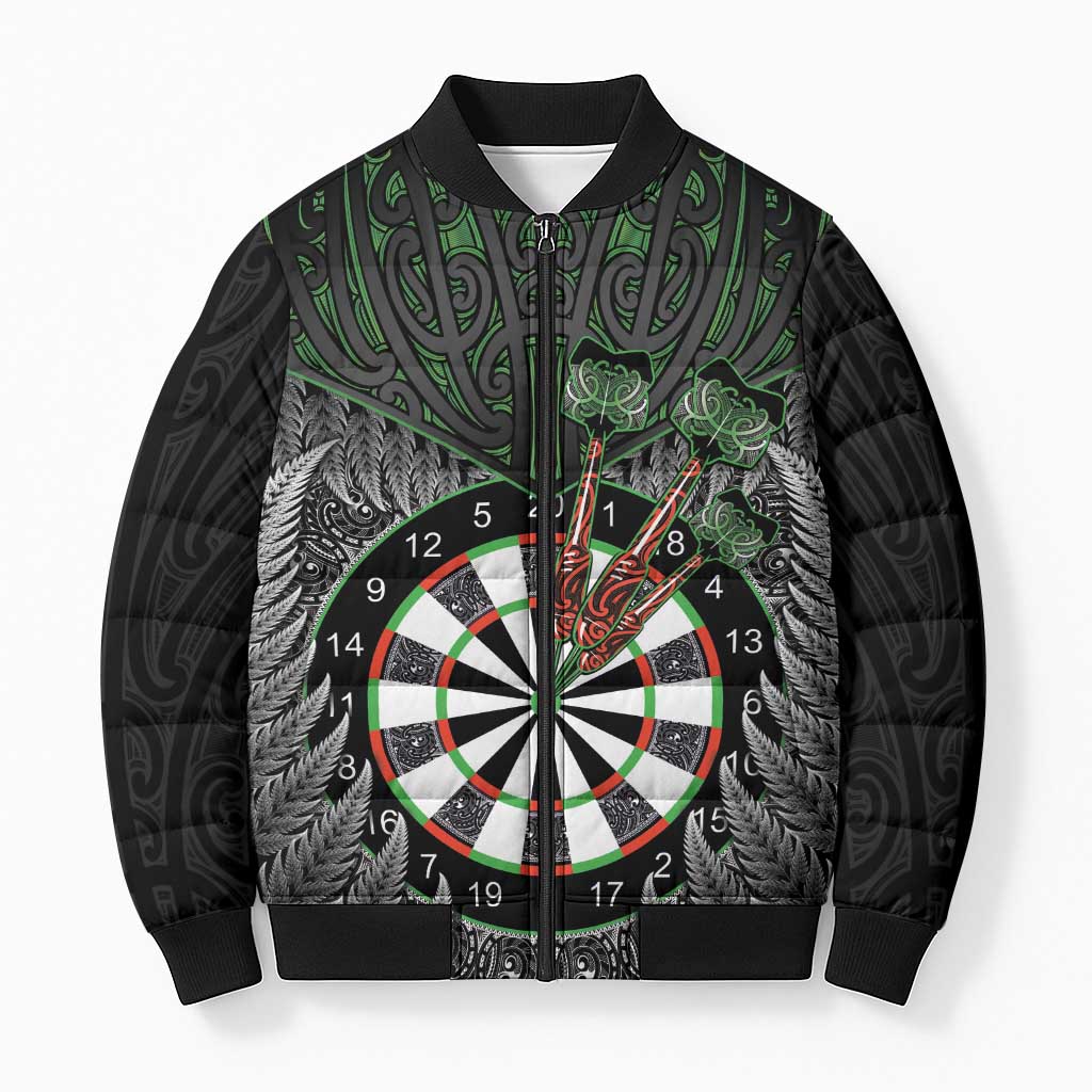 Personalised New Zealand Darts Bomber Puffer Jacket Dartboard Maori Fern Puhoro Art - Aussie Hoodie