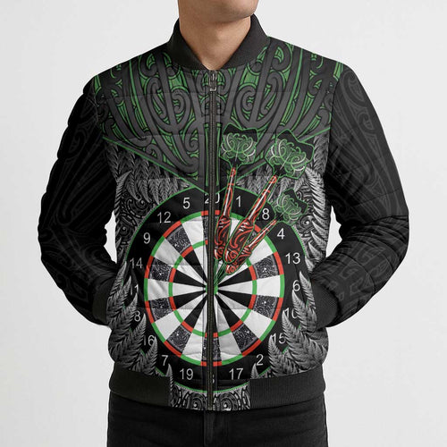 Personalised New Zealand Darts Bomber Puffer Jacket Dartboard Maori Fern Puhoro Art - Aussie Hoodie