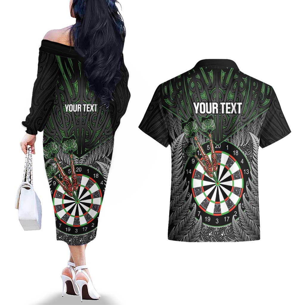 Personalised New Zealand Darts Couples Matching Off The Shoulder Long Sleeve Dress and Hawaiian Shirt Dartboard Maori Fern Puhoro Art