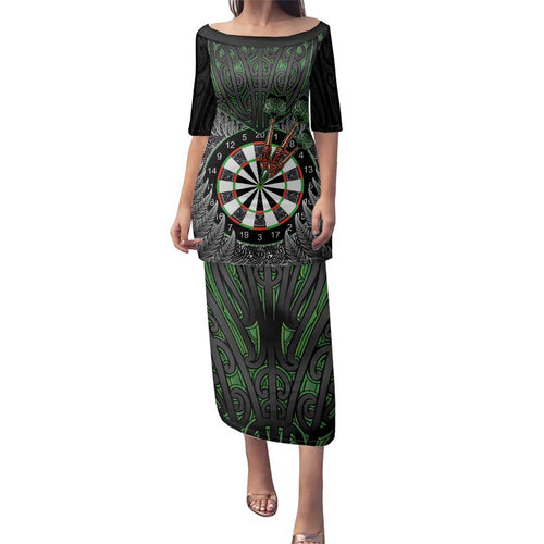 Personalised New Zealand Darts Family Matching Puletasi and Hawaiian Shirt Dartboard Maori Fern Puhoro Art