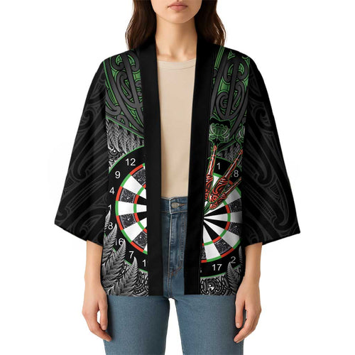 Personalised New Zealand Darts Kimono Dartboard Maori Fern Puhoro Art - Aussie Hoodie