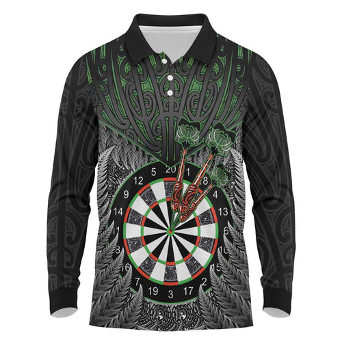 Personalised New Zealand Darts Long Sleeve Polo Shirt Dartboard Maori Fern Puhoro Art