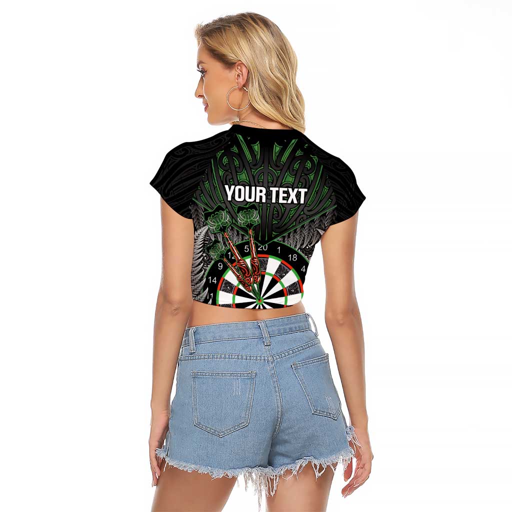 Personalised New Zealand Darts Raglan Cropped T Shirt Dartboard Maori Fern Puhoro Art