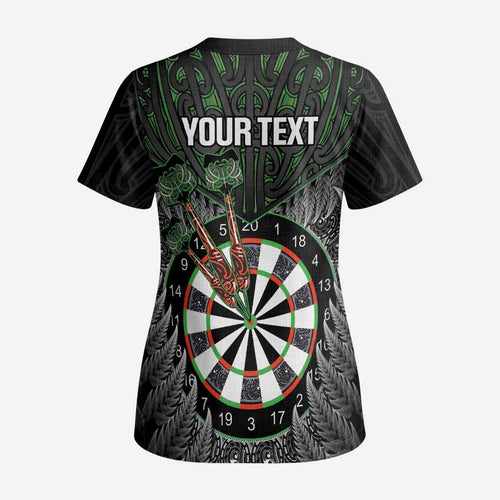Personalised New Zealand Darts Scrub Top Dartboard Maori Fern Puhoro Art - Aussie Hoodie