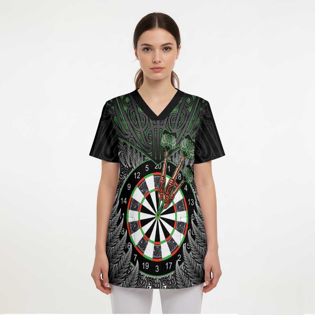 Personalised New Zealand Darts Scrub Top Dartboard Maori Fern Puhoro Art - Aussie Hoodie