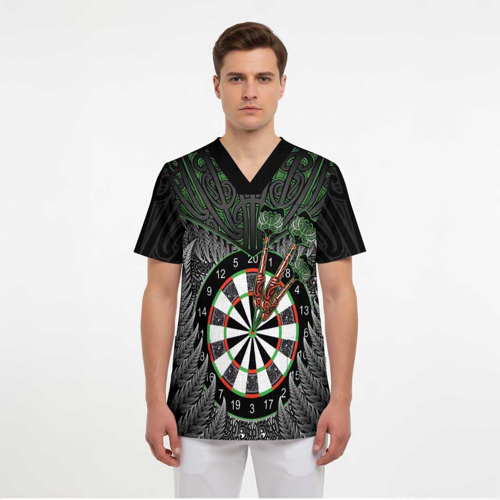 Personalised New Zealand Darts Scrub Top Dartboard Maori Fern Puhoro Art - Aussie Hoodie