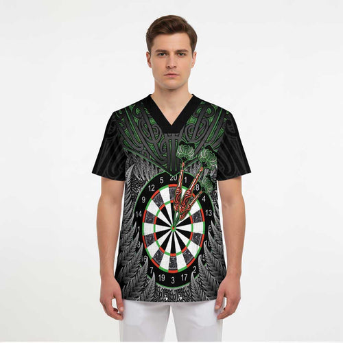 Personalised New Zealand Darts Scrub Top Dartboard Maori Fern Puhoro Art - Aussie Hoodie