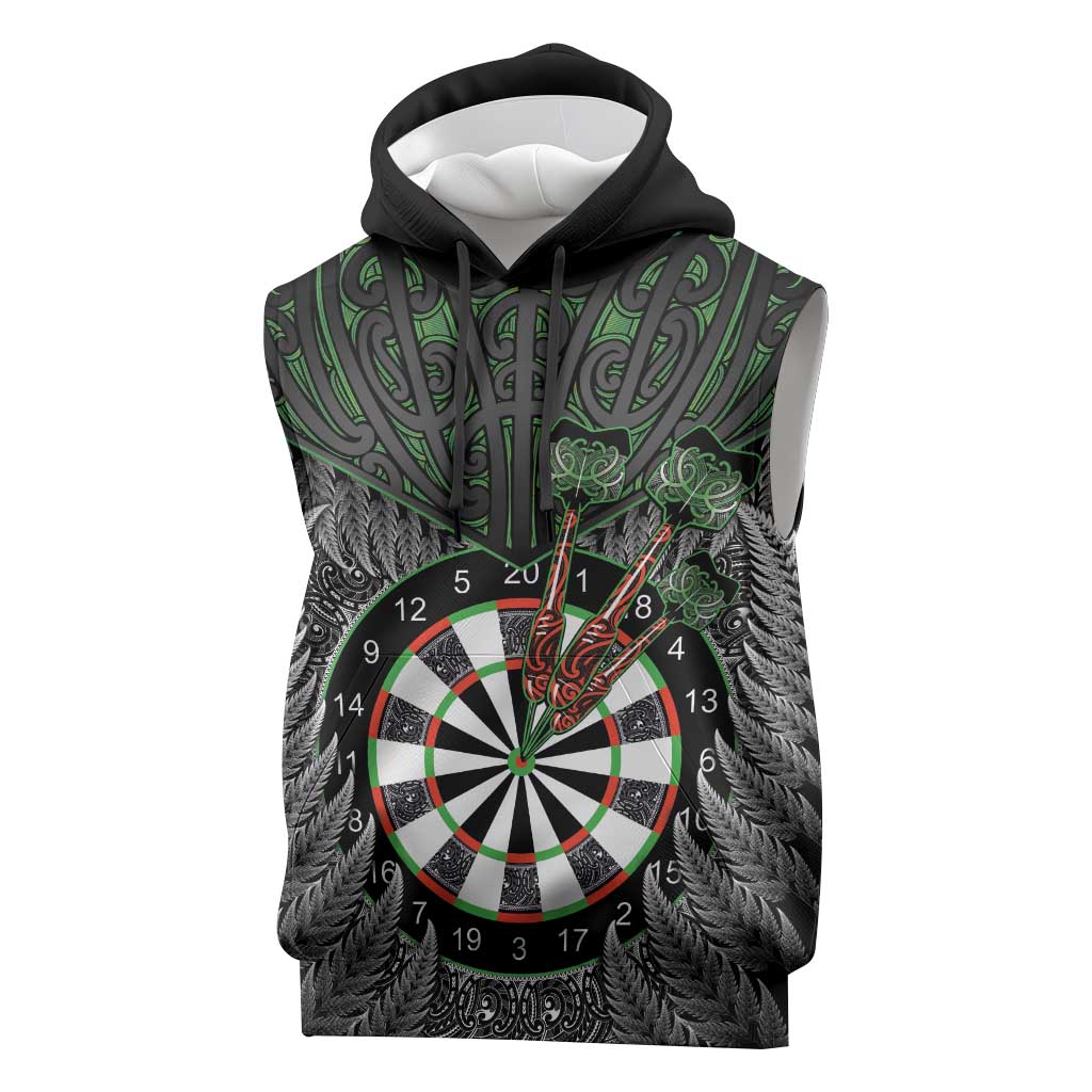 Personalised New Zealand Darts Sleeveless Hoodie Dartboard Maori Fern Puhoro Art - Aussie Hoodie