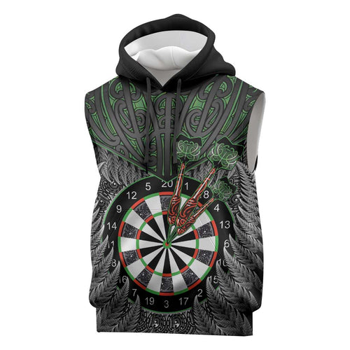 Personalised New Zealand Darts Sleeveless Hoodie Dartboard Maori Fern Puhoro Art - Aussie Hoodie
