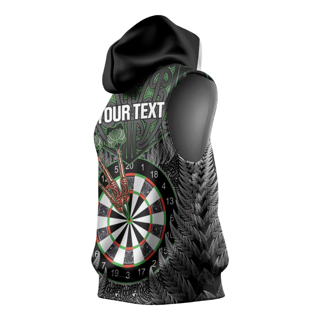Personalised New Zealand Darts Sleeveless Hoodie Dartboard Maori Fern Puhoro Art - Aussie Hoodie