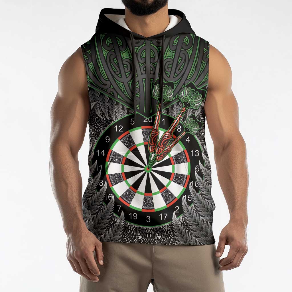 Personalised New Zealand Darts Sleeveless Hoodie Dartboard Maori Fern Puhoro Art - Aussie Hoodie