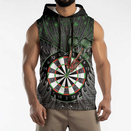 Personalised New Zealand Darts Sleeveless Hoodie Dartboard Maori Fern Puhoro Art - Aussie Hoodie