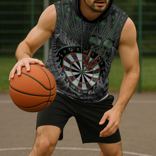 Personalised New Zealand Darts Sleeveless Hoodie Dartboard Maori Fern Puhoro Art - Aussie Hoodie