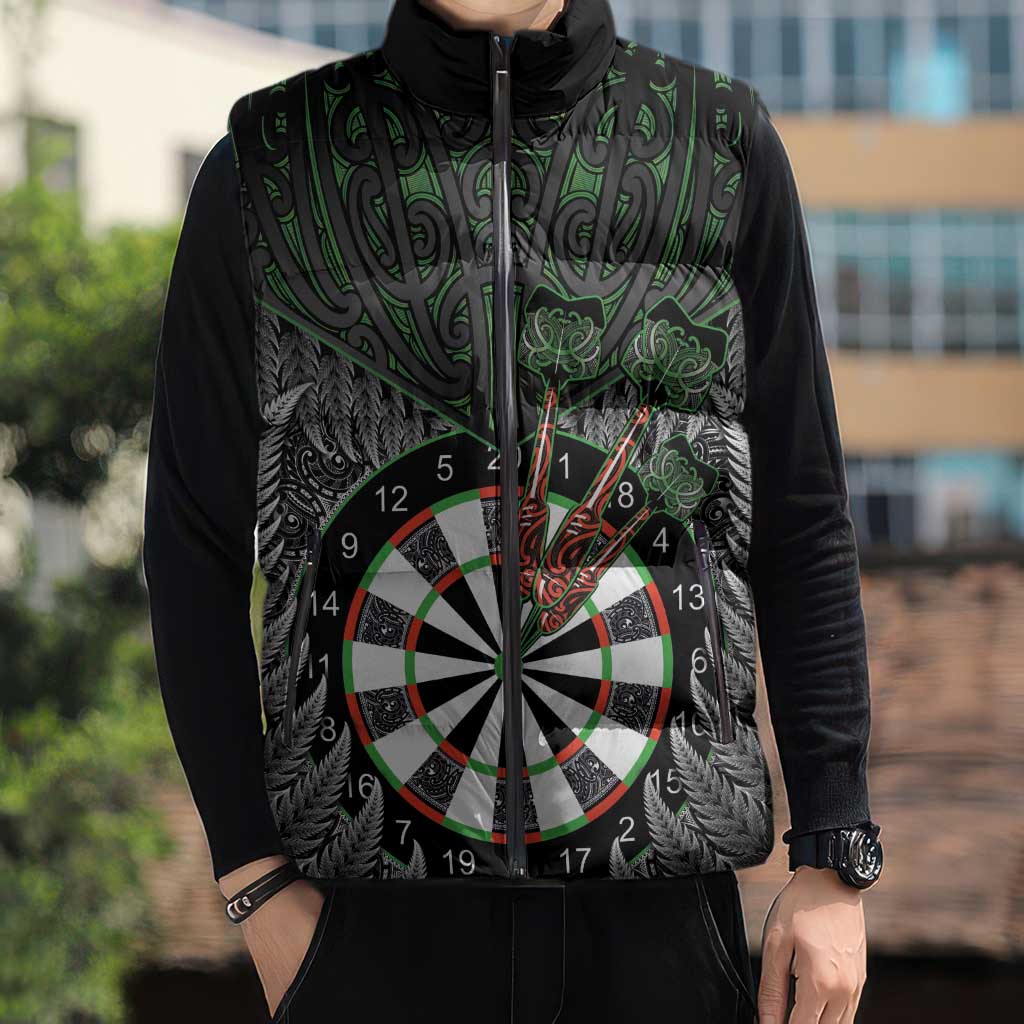 Personalised New Zealand Darts Sleeveless Puffer Jacket Dartboard Maori Fern Puhoro Art - Aussie Hoodie