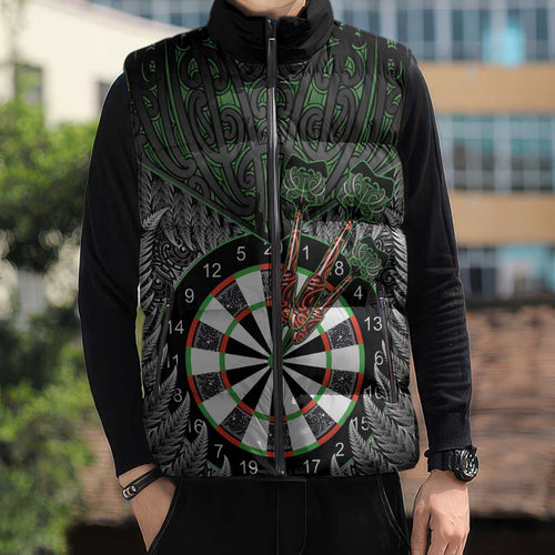 Personalised New Zealand Darts Sleeveless Puffer Jacket Dartboard Maori Fern Puhoro Art - Aussie Hoodie
