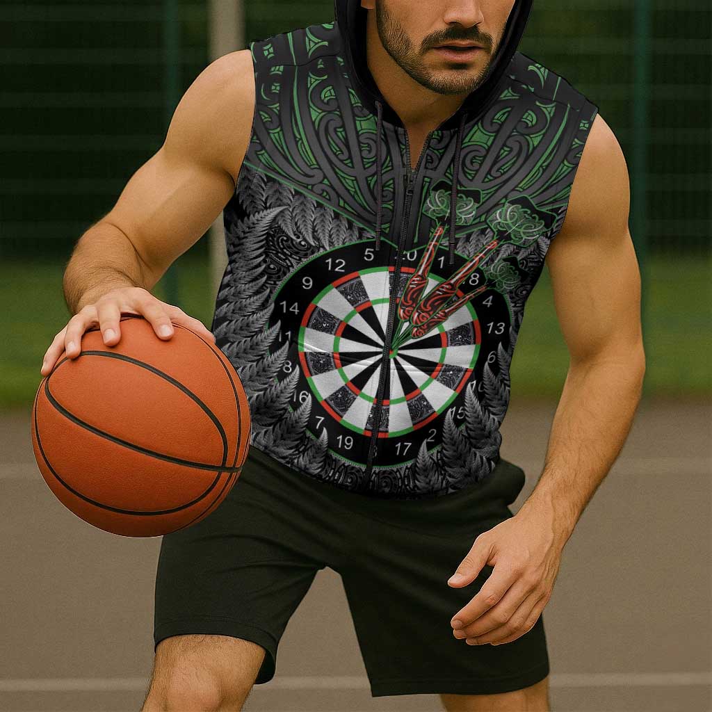 Personalised New Zealand Darts Sleeveless Zip Hoodie Dartboard Maori Fern Puhoro Art LT14