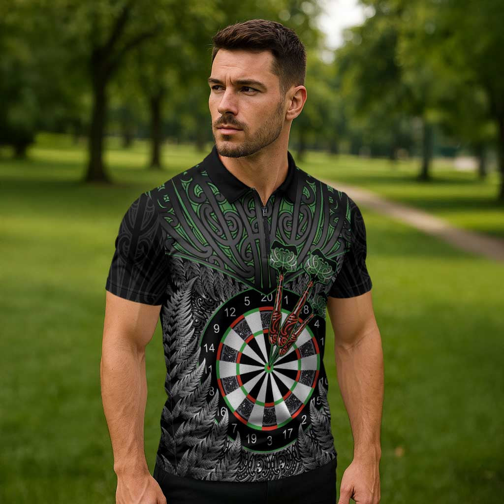Personalised New Zealand Darts Zipper Polo Shirt Dartboard Maori Fern Puhoro Art - Aussie Hoodie