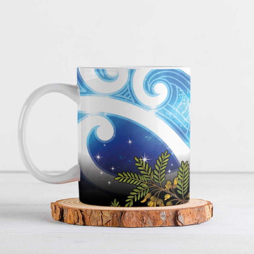 Kekeru New Zealand Matariki Ceramic Mug Kukupa Kowhai Maori New Year Blue Version