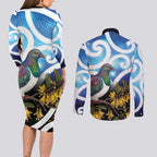 Kekeru New Zealand Matariki Couples Matching Long Sleeve Bodycon Dress and Long Sleeve Button Shirt Kukupa Kowhai Maori New Year Blue Version