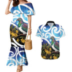 Kekeru New Zealand Matariki Couples Matching Mermaid Dress and Hawaiian Shirt Kukupa Kowhai Maori New Year Blue Version