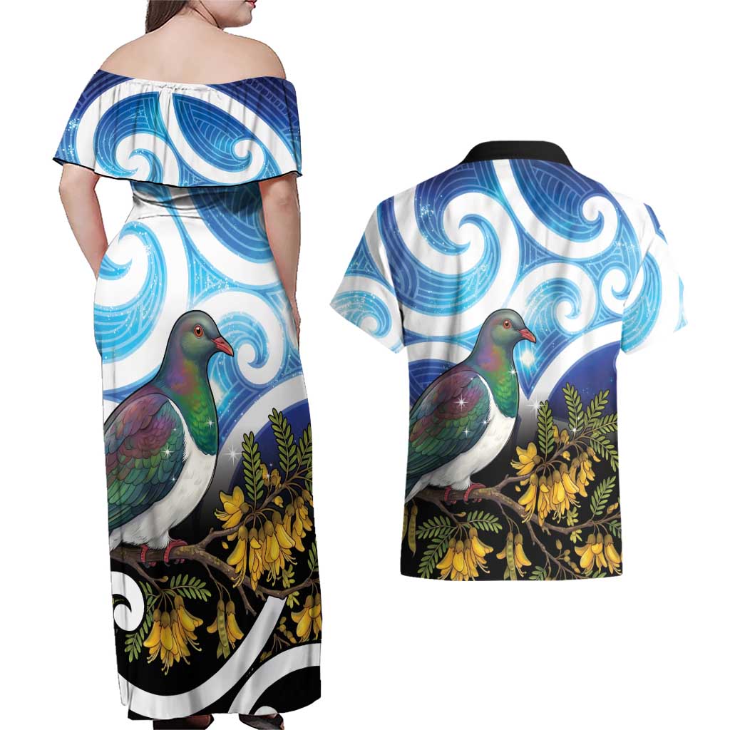 Kekeru New Zealand Matariki Couples Matching Off Shoulder Maxi Dress and Hawaiian Shirt Kukupa Kowhai Maori New Year Blue Version