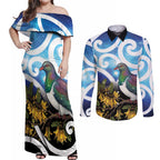 Kekeru New Zealand Matariki Couples Matching Off Shoulder Maxi Dress and Long Sleeve Button Shirt Kukupa Kowhai Maori New Year Blue Version