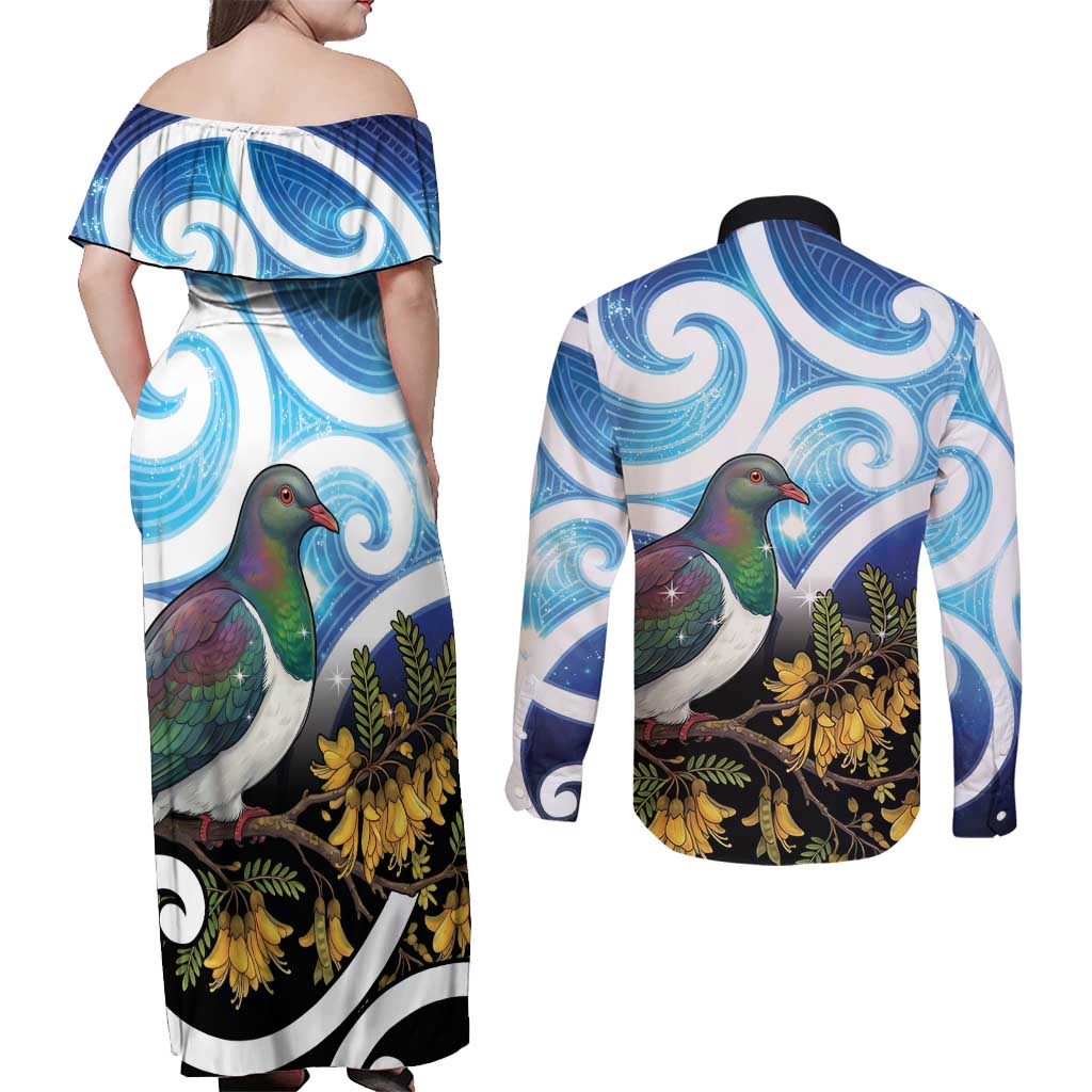 Kekeru New Zealand Matariki Couples Matching Off Shoulder Maxi Dress and Long Sleeve Button Shirt Kukupa Kowhai Maori New Year Blue Version