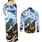Kekeru New Zealand Matariki Couples Matching Off Shoulder Maxi Dress and Long Sleeve Button Shirt Kukupa Kowhai Maori New Year Blue Version