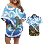 Kekeru New Zealand Matariki Couples Matching Off Shoulder Short Dress and Hawaiian Shirt Kukupa Kowhai Maori New Year Blue Version