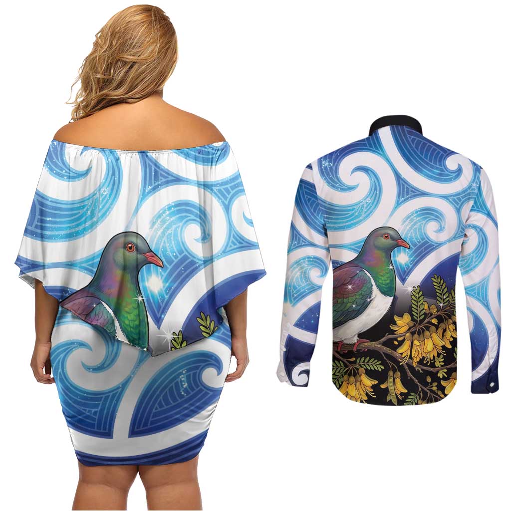 Kekeru New Zealand Matariki Couples Matching Off Shoulder Short Dress and Long Sleeve Button Shirt Kukupa Kowhai Maori New Year Blue Version