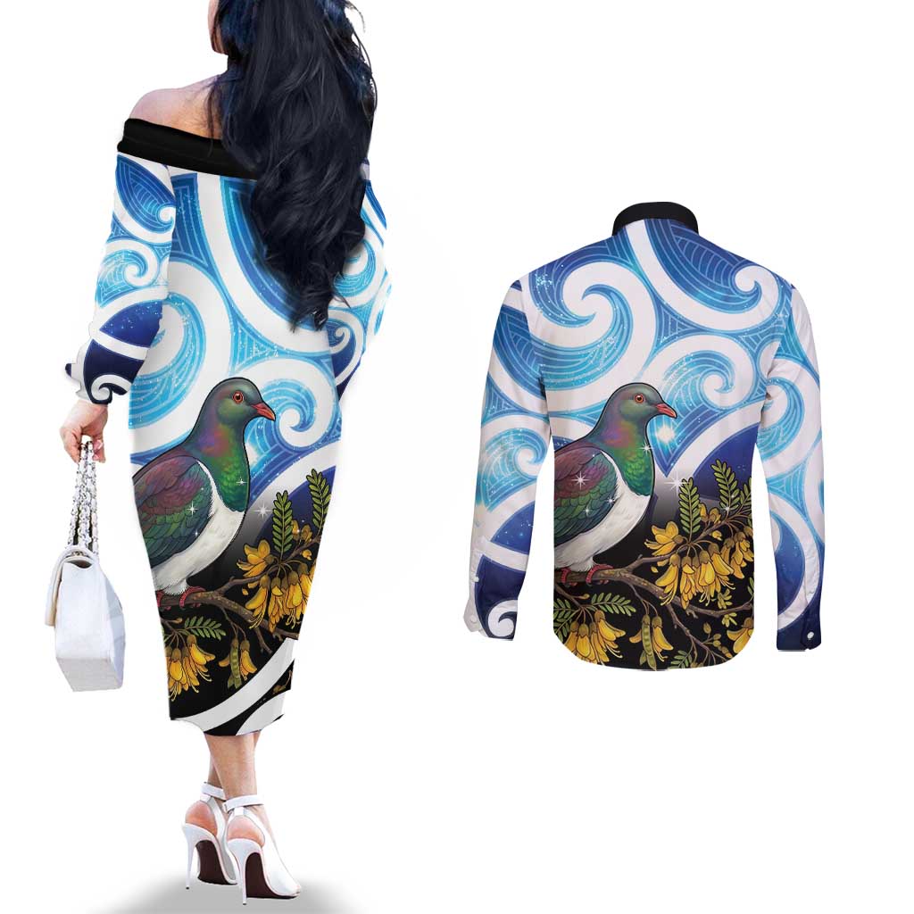 Kekeru New Zealand Matariki Couples Matching Off The Shoulder Long Sleeve Dress and Long Sleeve Button Shirt Kukupa Kowhai Maori New Year Blue Version