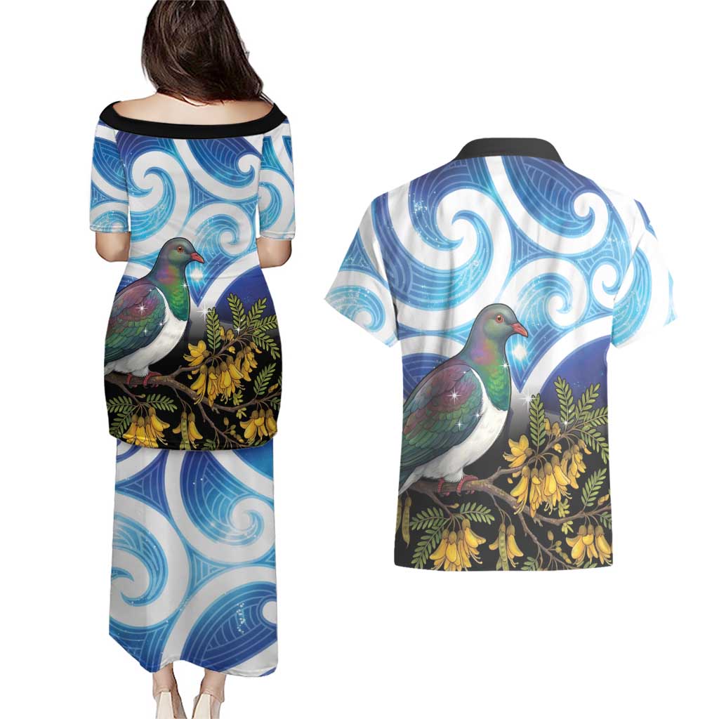 Kekeru New Zealand Matariki Couples Matching Puletasi and Hawaiian Shirt Kukupa Kowhai Maori New Year Blue Version
