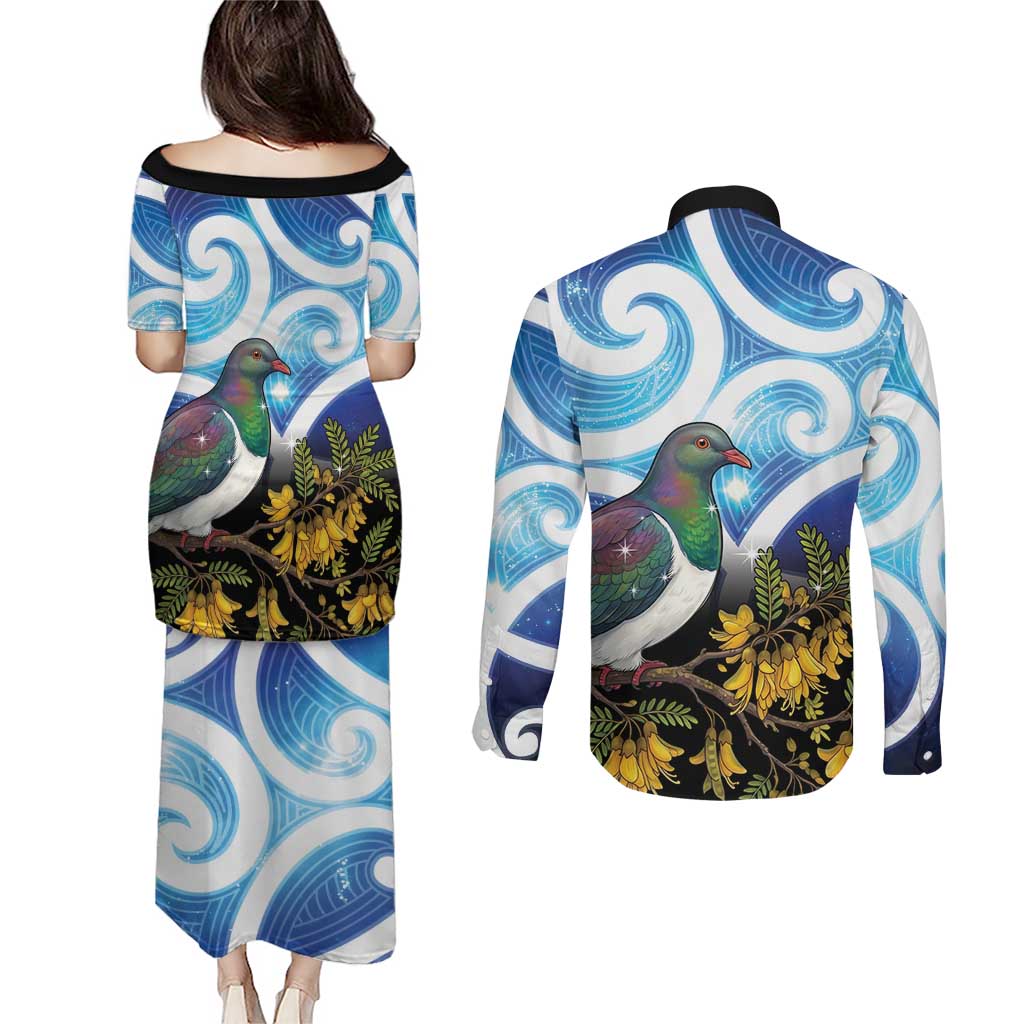 Kekeru New Zealand Matariki Couples Matching Puletasi and Long Sleeve Button Shirt Kukupa Kowhai Maori New Year Blue Version