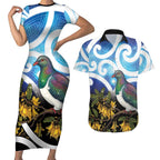 Kekeru New Zealand Matariki Couples Matching Short Sleeve Bodycon Dress and Hawaiian Shirt Kukupa Kowhai Maori New Year Blue Version