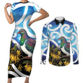 Kekeru New Zealand Matariki Couples Matching Short Sleeve Bodycon Dress and Long Sleeve Button Shirt Kukupa Kowhai Maori New Year Blue Version