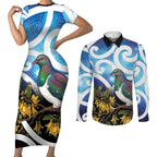 Kekeru New Zealand Matariki Couples Matching Short Sleeve Bodycon Dress and Long Sleeve Button Shirt Kukupa Kowhai Maori New Year Blue Version